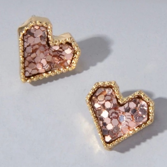 “Pink Sequin Heart” Dainty Tiny Mini Gold Love Valentines Sparkly Romance Studs - Picture 2 of 6